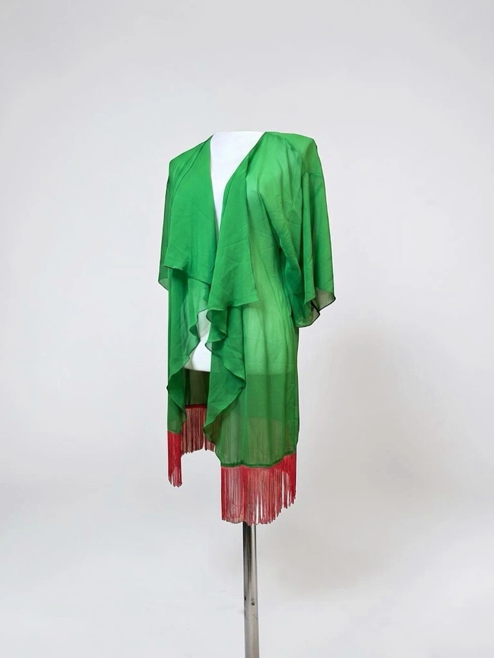 LuLaRoe Monroe Kimono Green & Red Sheer Fringe Cape Small NWT